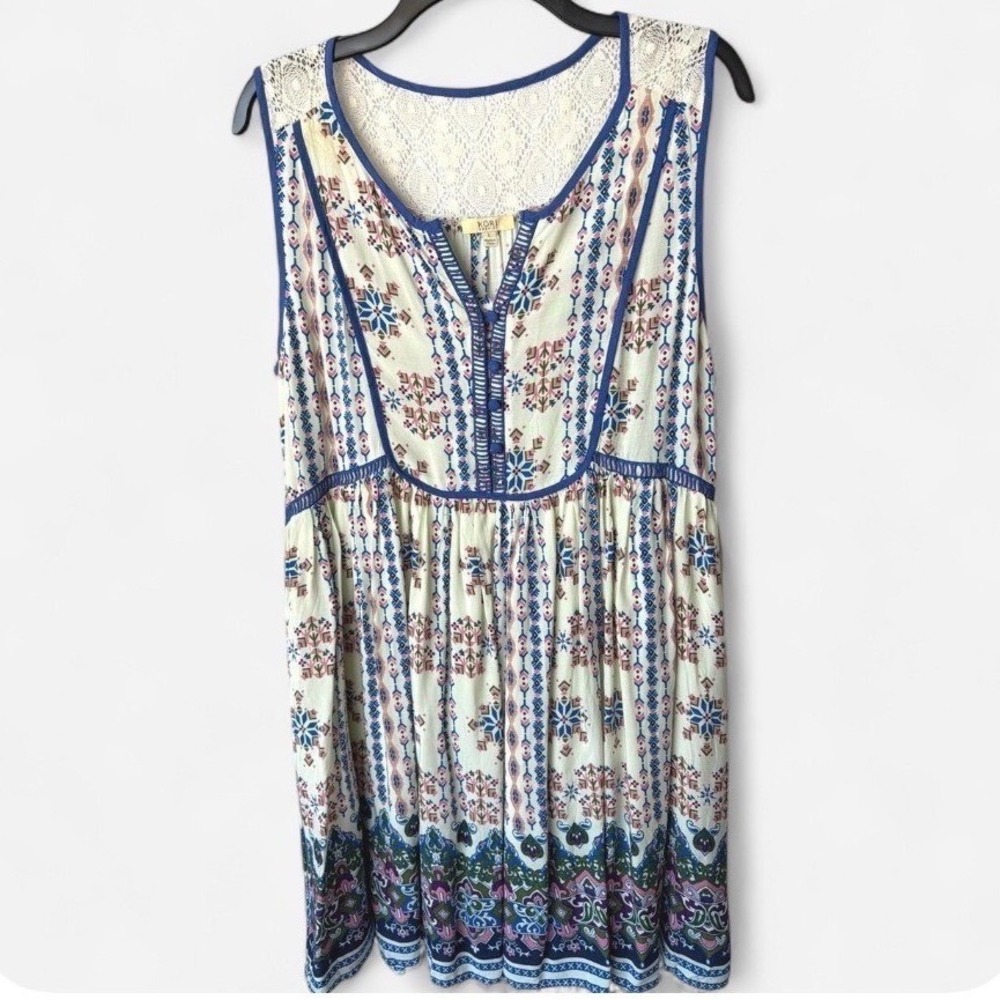 Kori America Festival Cottagecore Dress Ivory Blue Geometric Lace Back Large